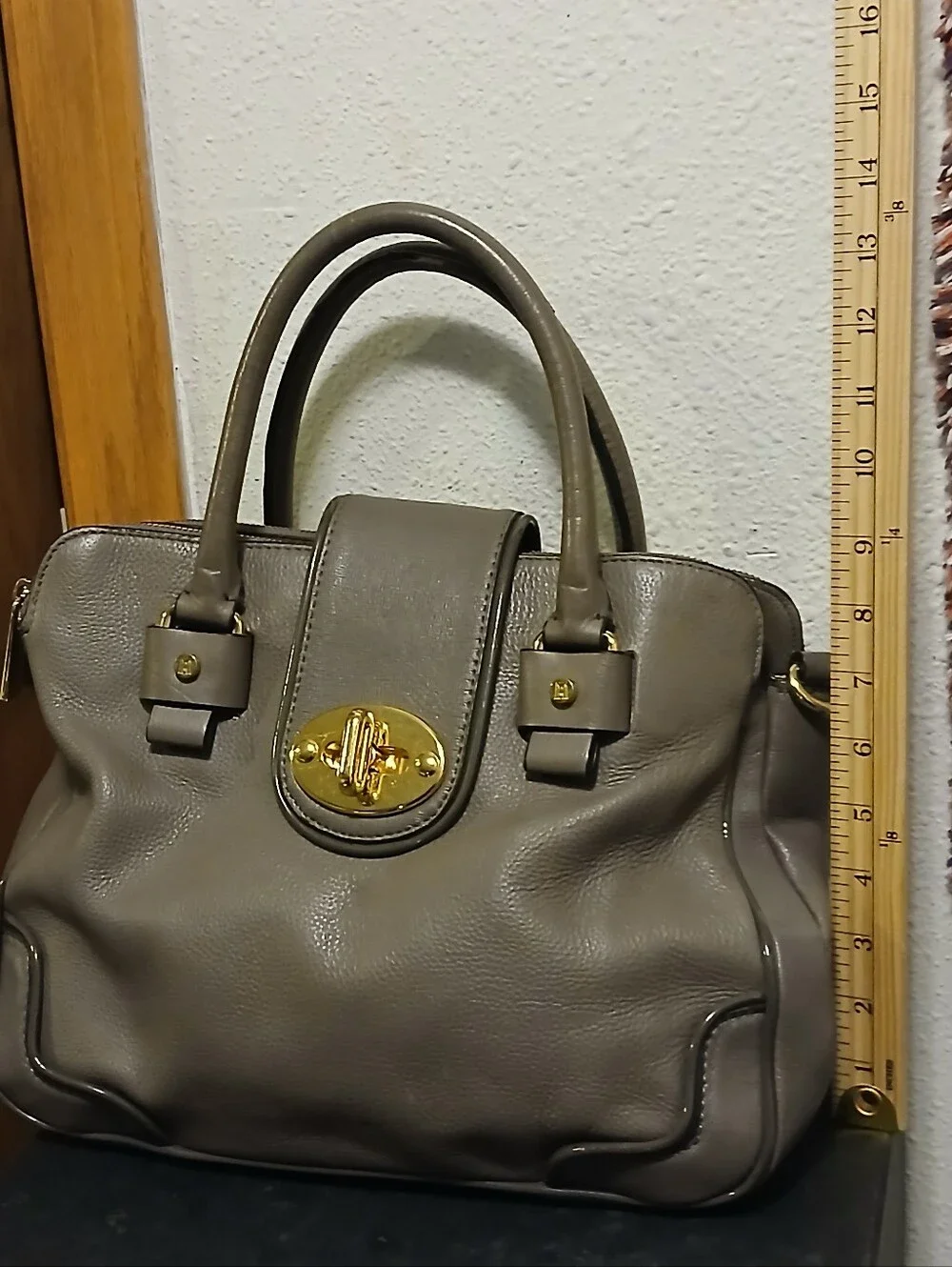 ​Antonio Melani Taupe Gray Pebble Leather Turnlock Satchel Bag Logo Lined